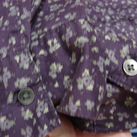Purple Dainty Floral Long Adjustable Sleeve Ruche Button Front Scallop Hem Large - Picture 11 of 16